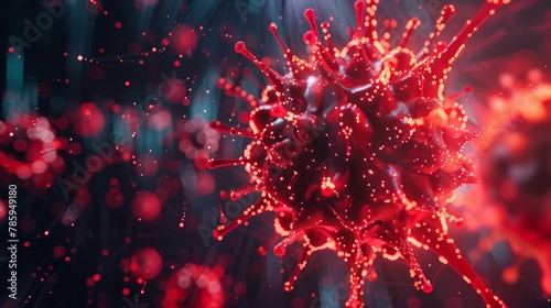 A stylized virus particle with glowing red spikes, representing the infectious nature of some cancer viruses. 