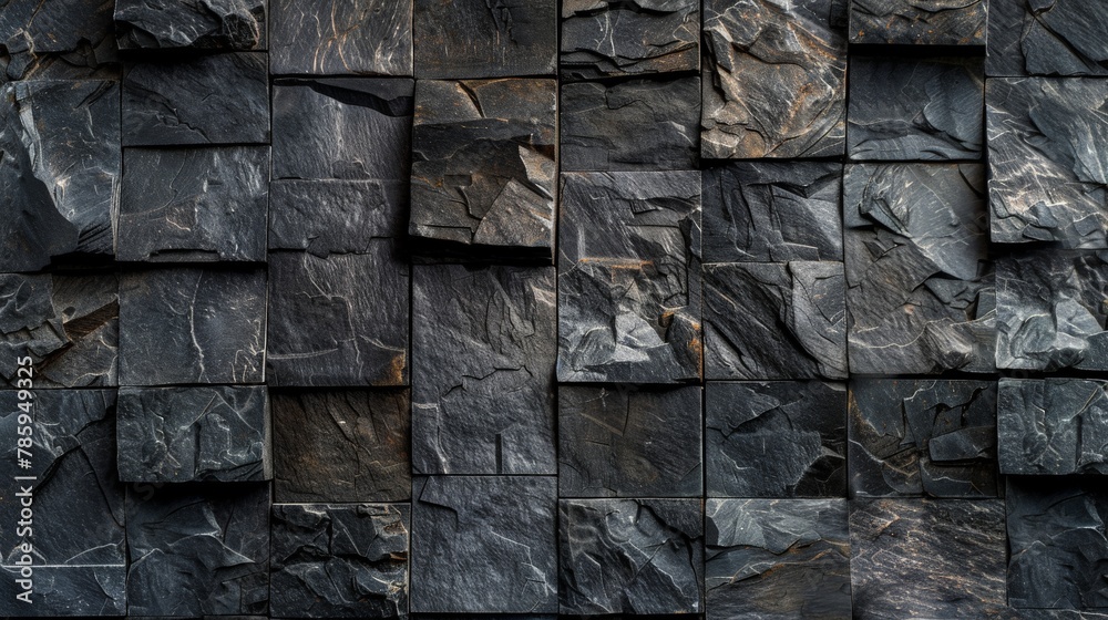 A textured wall of black slate tiles, each with subtle variations in shade. A textured wall of black slate tiles, each with subtle variations in shade.