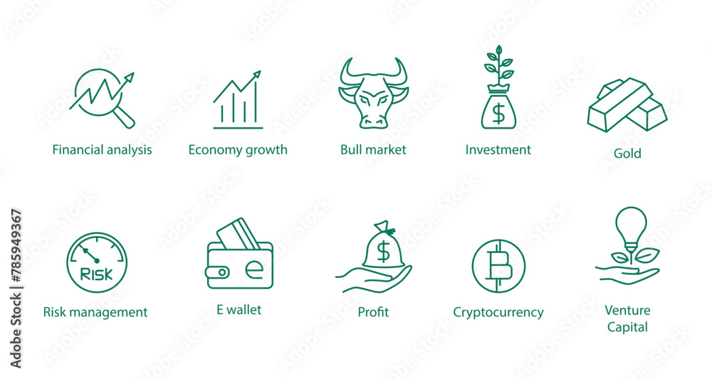 Comprehensive Financial Icons Set: Vector Illustrations Covering Financial Analysis, Economic Growth, Bull Market, Investment, Gold, Risk Management, E-Wallets, Profit, Cryptocurrency