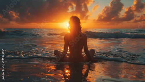 a woman sits on the beach at sunset.