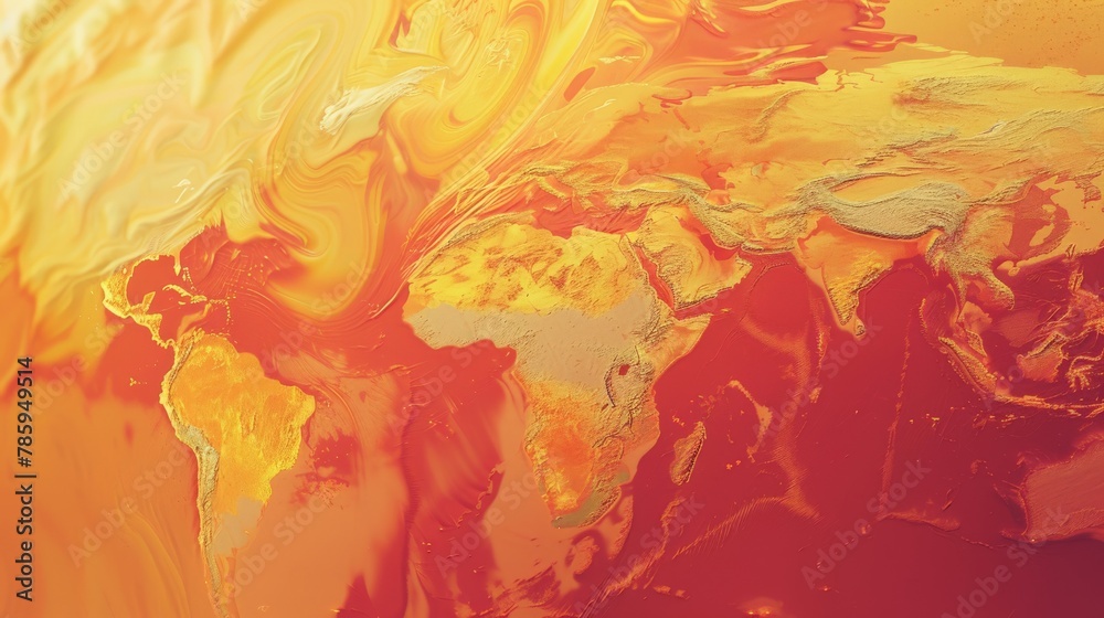 A weather map with swirling red and orange zones, indicating extreme heat waves gripping different parts of the globe. 