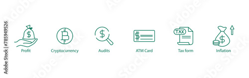 Financial Essentials Icons: Vector Illustrations Representing Profit, Audits, ATM Card, Tax Form, and Inflation photo