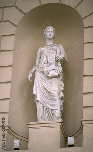 Statue of muse Terpsichore at the Facade of Bolshoi Theatre in Moscow, Russia