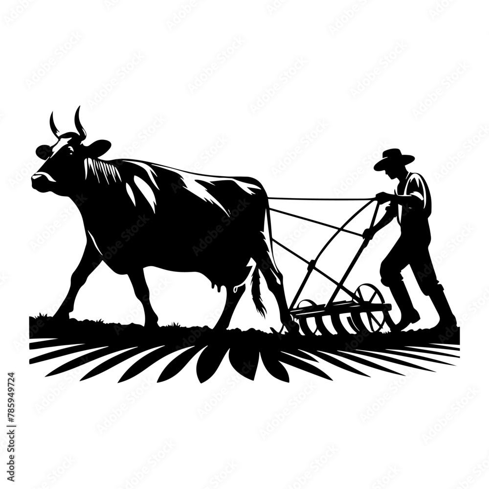 Rural Craft: Black Vector Silhouette of a Farmer Plowing with a Cow ...