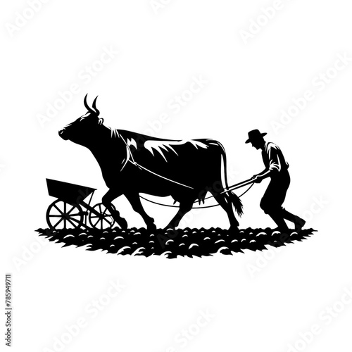 Rural Craft: Black Vector Silhouette of a Farmer Plowing with a Cow, Timeless Agriculture- Farmer vector stock.