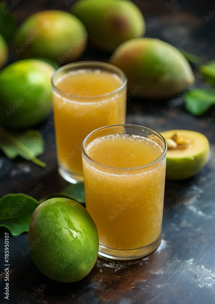 Refreshing Aam Panna: Roasted Raw Mango Juice in a Transparent Glass made with roasted raw mango, spices, mint leaves and ice water Refreshing Aam Panna: Roasted Raw Mango Juice in a Transparent Glass made with roasted raw mango, spices, mint leaves and ice water