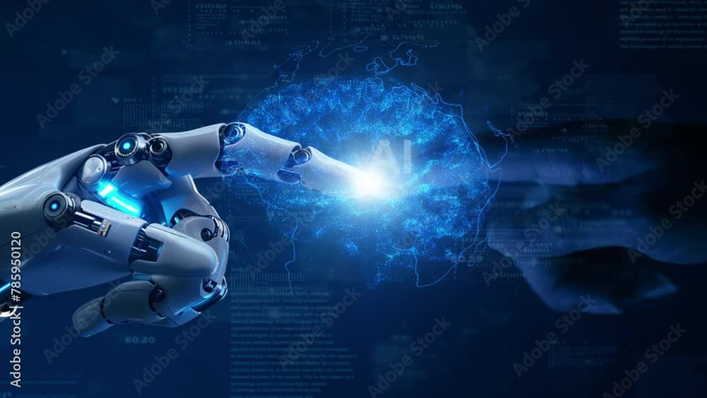 Robot hand 3D and human hand touch in AI artificial intelligence brain ...