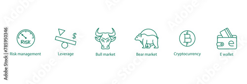 Financial Market Icons: Vector Illustrations Depicting Risk Management, Leverage, Bull and Bear Markets, Cryptocurrency, and E-Wallets 