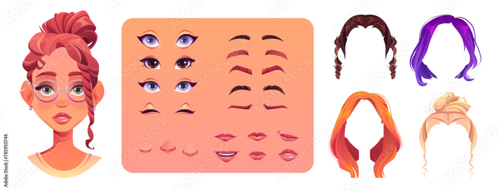 Young woman face construction set isolated on white background. Vector cartoon illustration of female character avatar design elements, color hairstyles, ears, eyes, eyebrows, mouth, nose, eyeglasses - obrazy, fototapety, plakaty 