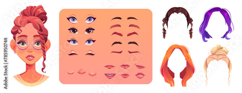 Young woman face construction set isolated on white background. Vector cartoon illustration of female character avatar design elements, color hairstyles, ears, eyes, eyebrows, mouth, nose, eyeglasses photo