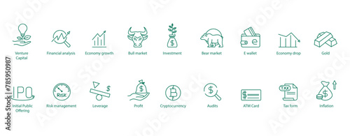 Art & IllustrationFinancial Icons Spectrum: Vector Illustrations Encompassing Venture Capital, Financial Analysis, Bull Market, Investment, Bear Market, E-Wallet, Risk Management, Profit, ATM Card, an