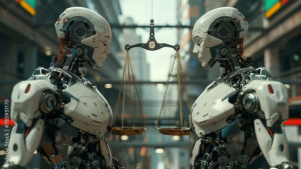Fototapeta premium realistic androids facing each other, each holding a traditional balance scale