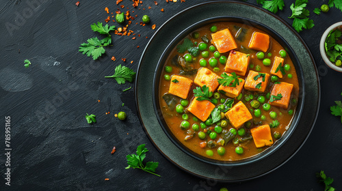 Top view of green peas and cheese cube curry or matar paneer curry recipe served in a bowl, a delicious and flavorful main course