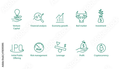 Financial Icons Collection: Vector Illustrations for Venture Capital, Financial Analysis, Economy Growth, Bull Market, Investment, IPO, Risk Management, Leverage, and Profit