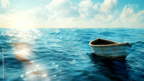 Maritime Tranquility: Wooden Boat Drifting Across the Ocean photo
