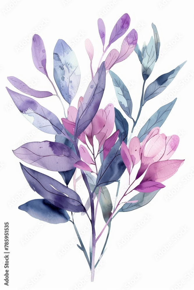 A watercolor painting of a purple flower bouquet