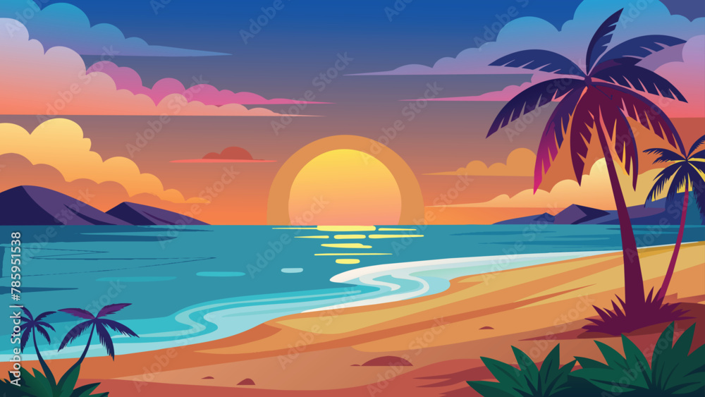 Tropical beach sunset with palm trees and ocean horizon, vector cartoon illustration.