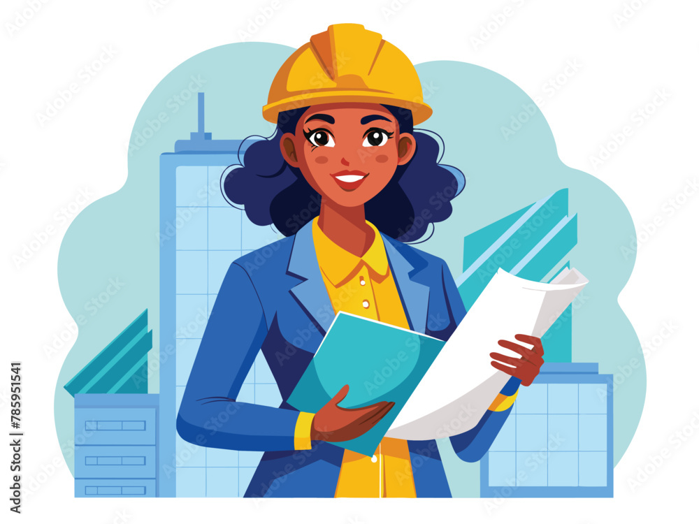 Confident black female engineer with blueprints at construction site vector cartoon illustration. Confident black female engineer with blueprints at construction site vector cartoon illustration.