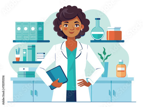 Female scientist in laboratory with test tubes and research equipment vector cartoon illustration.