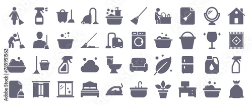Cleaning service glyph flat icons. Vector solid pictogram set included icon as home clean, vacuum cleaner, laundry, maid, toilet dust, schedule silhouette illustration for housekeeping.