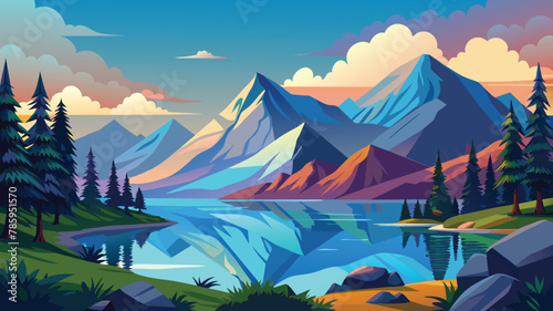 Pristine mountain lake view at sunset with vibrant reflections, vector cartoon illustration.