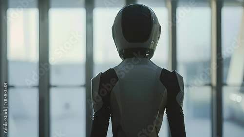 A figure in a sleek futuristic spacesuit floats near the window looking out into the endless darkness outside. Their body language . . photo