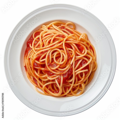 Top view of a plate of spaghetti with tomato sauce isolated on white background.