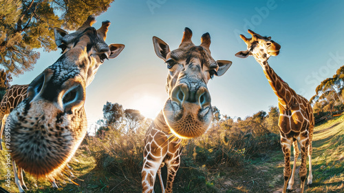 Three elegant giraffes are gracefully standing tall in a lush grassy field under a clear blue sky