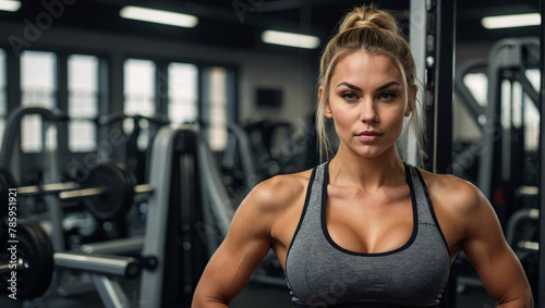 Beautiful healthy and fit young woman wearing gym clothes with a gym scene in the background