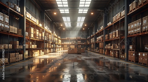 well-organized warehouse interior, with tall metal shelving units filled with cardboard boxes photo