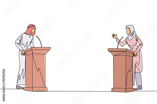 Continuous one line drawing Arabian businessman and businesswoman arguing on the podium. Throwing arguments at each other, not wanting to give in. Feel most right. Single line draw vector illustration
