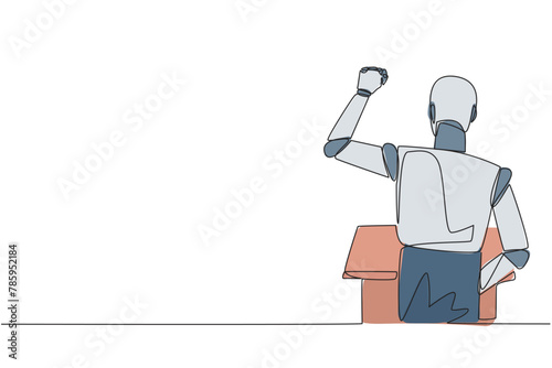 Single continuous line drawing rear view of smart robotic speaking at the podium. Raising and clenching hands, enthusiastically gave financial gain oration. Orator. One line design vector illustration