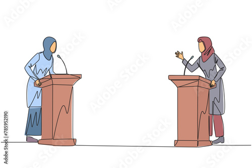 Single continuous line drawing two Arabian businesswoman arguing on podium. Throwing opinions on the best way to deal with global warming. Open dialogue. Debating. One line design vector illustration