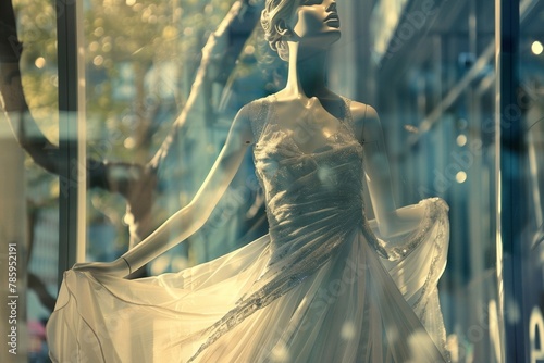 A mannequin is wearing an elegant dress. Wear an elegant evening dress Emphasize the shape with flowing fabric and intricate details.