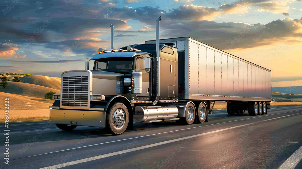 A red semi truck with a cargo semi-trailer drives along a road under a cloudy sky