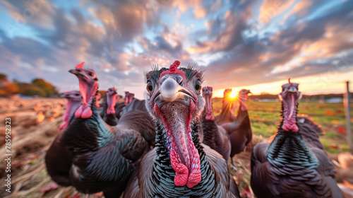 A group of turkeys standing in a row, showcasing their colorful plumage and intricate feather patterns photo