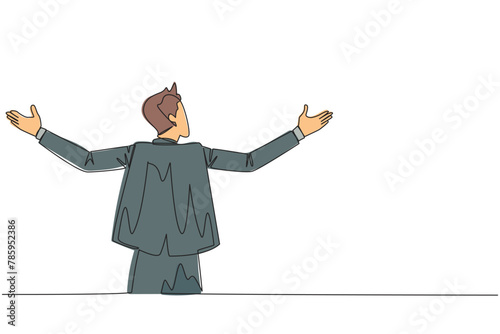 Single one line drawing rear view of businessman speaking at the podium while opening hands. Style like successful motivator. Invite to increase business. Continuous line design graphic illustration