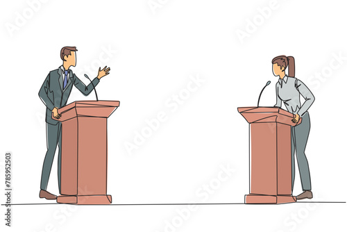 Continuous one line drawing businessman and businesswoman arguing on the podium. Throwing arguments at each other, not wanting to give in. Feel most right. Single line draw design vector illustration