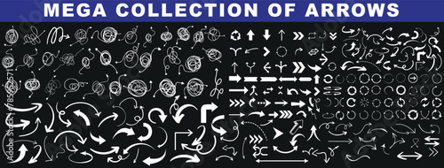 Arrows Mega Collection, diverse vector icons for navigation, interface, infographic on dark background, symbolizing direction, movement, guidance, growth, recession, integration, variation © Arafat