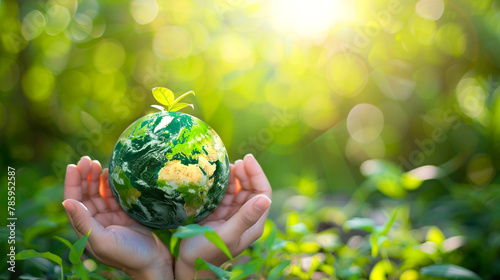 Environment Earth Day In the hands holding green earth on Bokeh green Background, Saving environment, and environmentally sustainable. Save Earth. Concept of the Environment World Earth Day