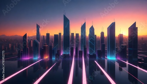 looking for future , Abstract glowing graph line over a cityscape at sunrise with high-rise buildings #785952775
