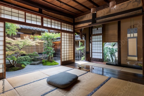 A historic tea house with traditional Japanese tatami rooms, sliding doors, and a serene garden courtyard for tranquil tea ceremonies, Generative AI