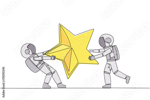 Single one line drawing two angry astronaut fighting over the star. The concept of fighting for brilliant employees for the progress of the company. Space. Continuous line design graphic illustration