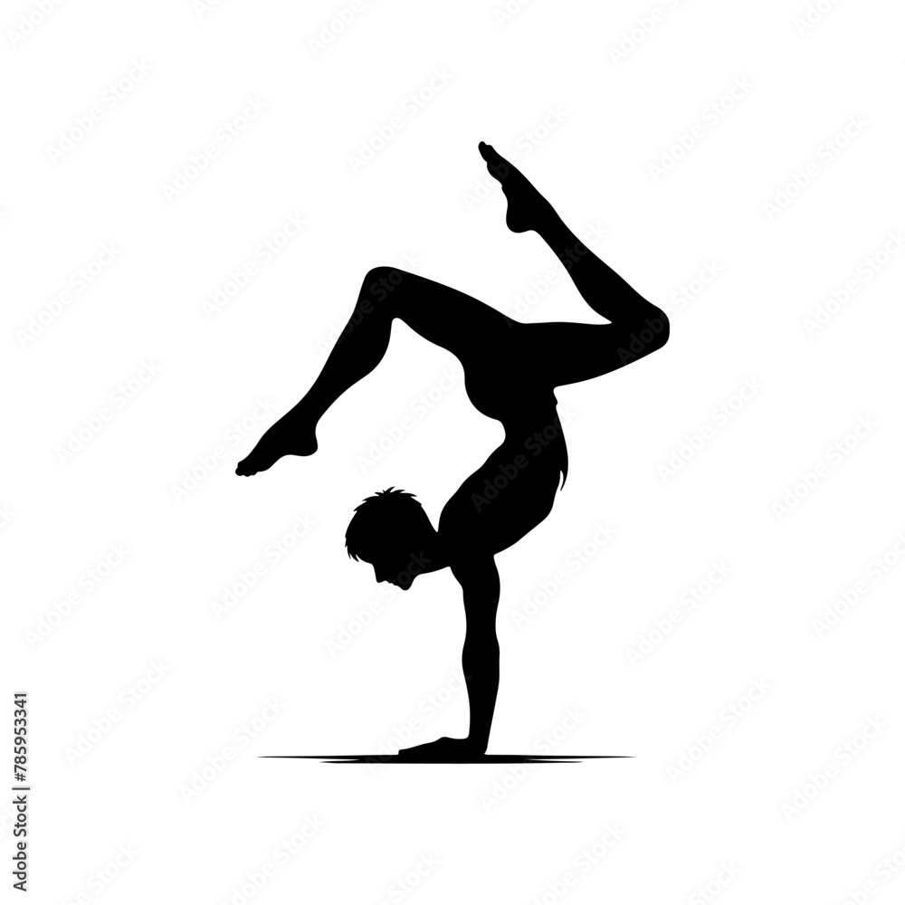 Gravity Defiance: Black Vector Silhouette of a Person Performing a Handstand, Exuding Balance and Strength-  Handstand person vector stock.