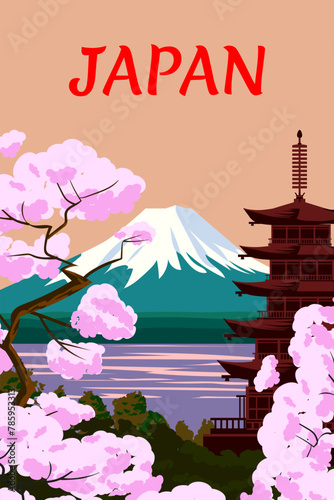 Vintage travel poster Japan pagoda, blossom Sakura cherry © hadeev