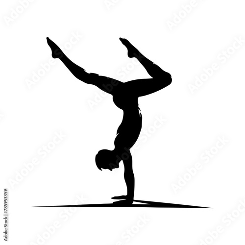 Gravity Defiance: Black Vector Silhouette of a Person Performing a Handstand, Exuding Balance and Strength-  Handstand person vector stock.