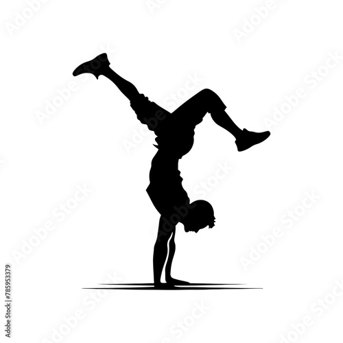 Gravity Defiance: Black Vector Silhouette of a Person Performing a Handstand, Exuding Balance and Strength-  Handstand person vector stock.