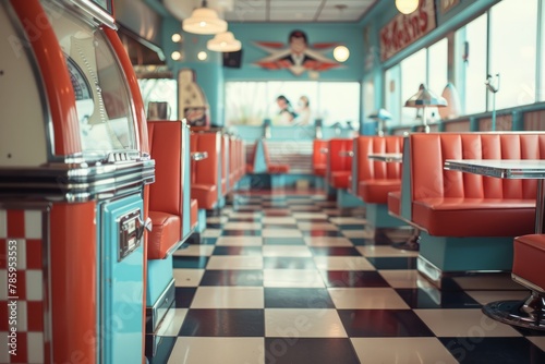 A retro diner with vinyl booths, checkered floors, and a classic jukebox playing oldies tunes, evoking a nostalgic ambiance, Generative AI