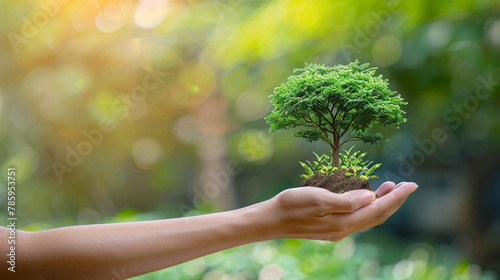 human hand holding green environmental tree ESG icon Society and Governance sustainable environmental concept of the world High detailed,high resolution,realistic and high quality photo