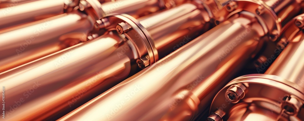Naklejka premium stack of shiny copper plumbing pipes on a white background.